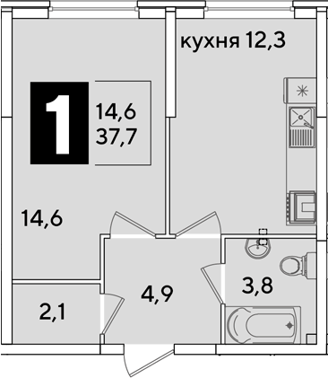 1-комн., 37.7 м², 1/16 этаж, ЖК «Самолет»