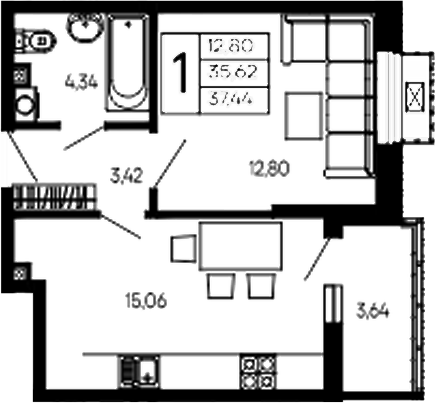 Продается 1-комн. квартира, 35.62 м²