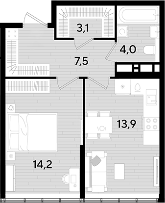 1-комн., 42.7 м², 15/16 этаж, ЖК «DОГМА ПАРК»