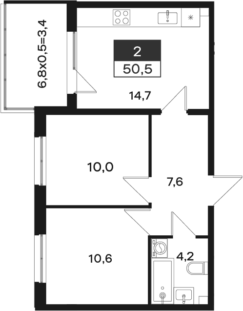 2-комн., 47.1 м², 1/4 этаж, ЖК «Новая Елизаветка»