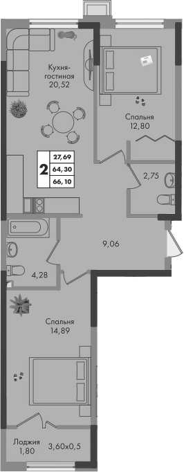 Продается 2-комн. квартира, 64.3 м²