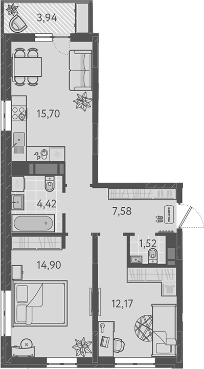 3-комн., 56.29 м², 7/9 этаж, ЖК «Теплые края»