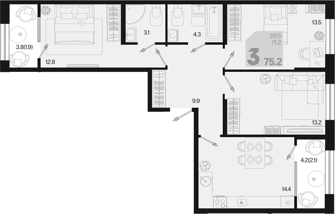 Продается 3-комн. квартира, 71.2 м²