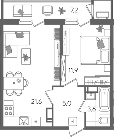 2-комн., 42.1 м², 23/24 этаж, ЖК «Рекорд»
