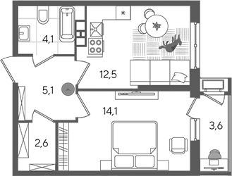 1-комн., 38.4 м², 8/24 этаж, ЖК «Рекорд»