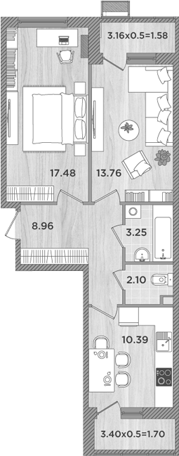 2-комн., 55.94 м², 1/8 этаж, ЖК «Сады у моря»