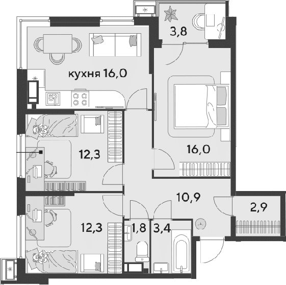 4+ комнаты, 75.6 м², 14/18 этаж, ЖК «Парк Победы»