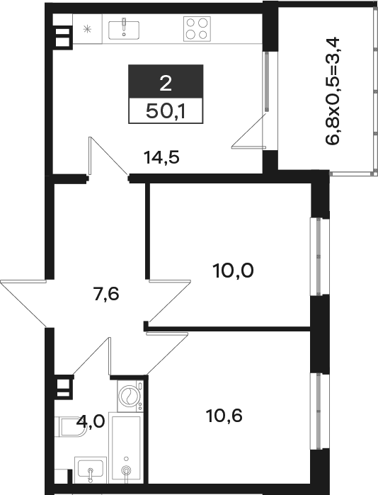2-комн., 46.7 м², 3/4 этаж, ЖК «Новая Елизаветка»