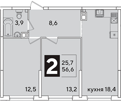3-комн., 56.9 м², 2/16 этаж, ЖК «Самолет»