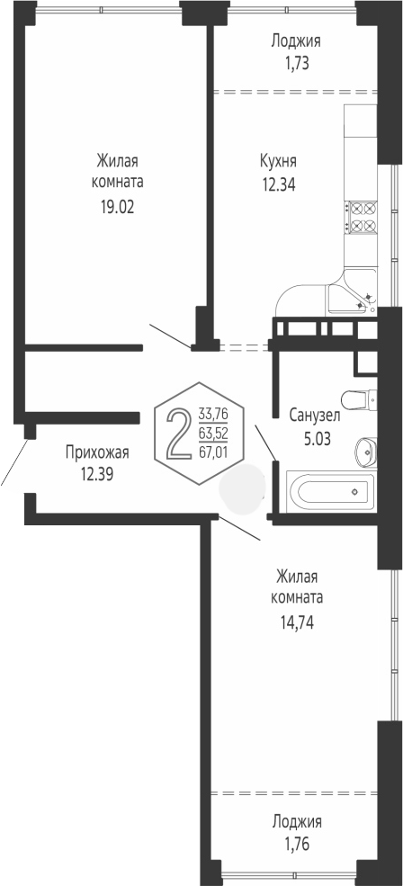 2-комн., 63.52 м², 11/24 этаж, ЖК «Гарантия PRIME»