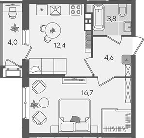 1-комн., 37.5 м², 3/24 этаж, ЖК «Рекорд»