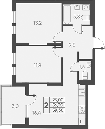 2-комн., 56.3 м², 15/15 этаж, ЖК «Барса»