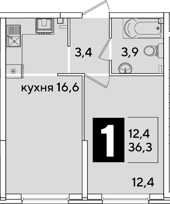 2-комн., 36.3 м², 1/16 этаж, ЖК «Самолет»