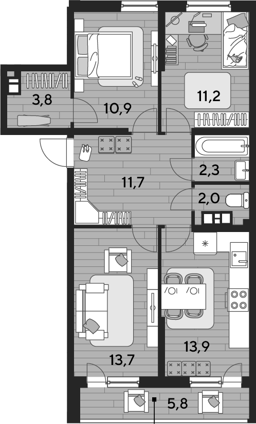 3-комн., 70 м², 4/16 этаж, ЖК «DОГМА ПАРК»