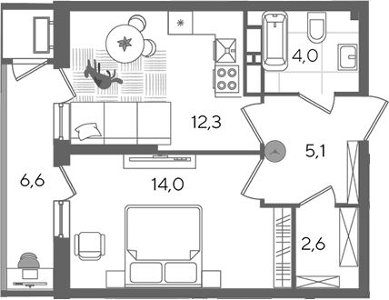 1-комн., 38 м², 23/24 этаж, ЖК «Рекорд»