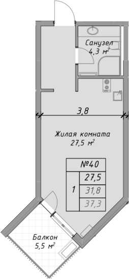 Студия, 31.8 м², 3/4 этаж, ЖК «Оазис Азова»