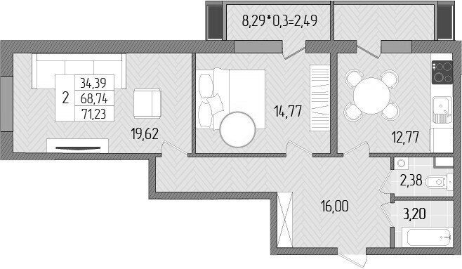 2-комн., 68.74 м², 1/8 этаж, ЖК «Сады у моря»