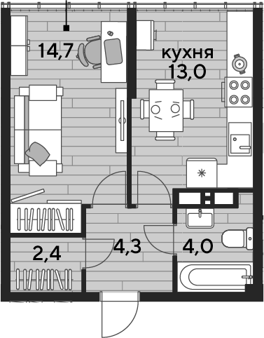 1-комн., 38.4 м², 19/19 этаж, ЖК «DОГМА ПАРК»