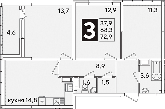 3-комн., 68.3 м², 15/16 этаж, ЖК «Самолет»