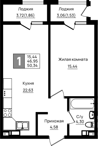 1-комн., 46.95 м², 5/9 этаж, ЖК «Резиденция морей»