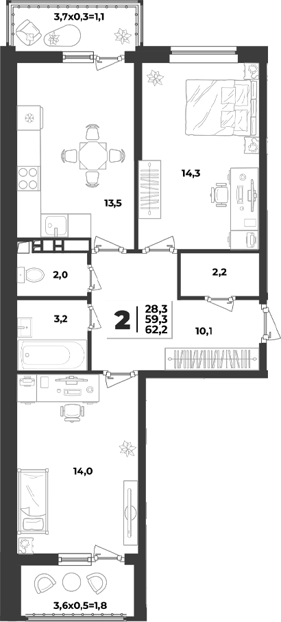2-комн., 59.3 м², 5/9 этаж, ЖК «Лето»