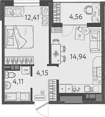 2-комн., 35.61 м², 8/9 этаж, ЖК «Друзья»