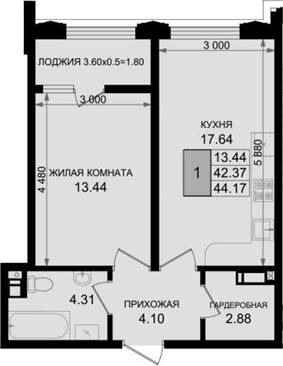 1-комн., 42.37 м², 7/8 этаж, ЖК «Резиденция морей»