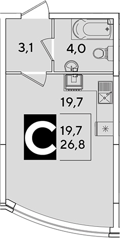 Студия, 26.8 м², 2/16 этаж, ЖК «Самолет»