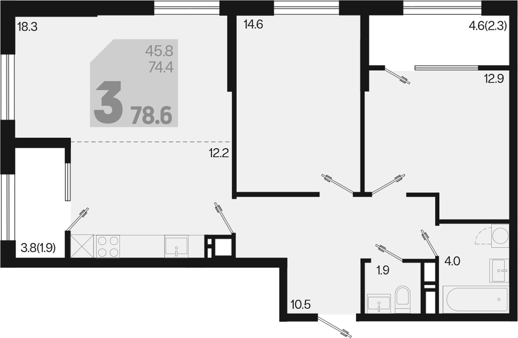 3-комн., 74.4 м², 6/9 этаж, ЖК «Первое место»