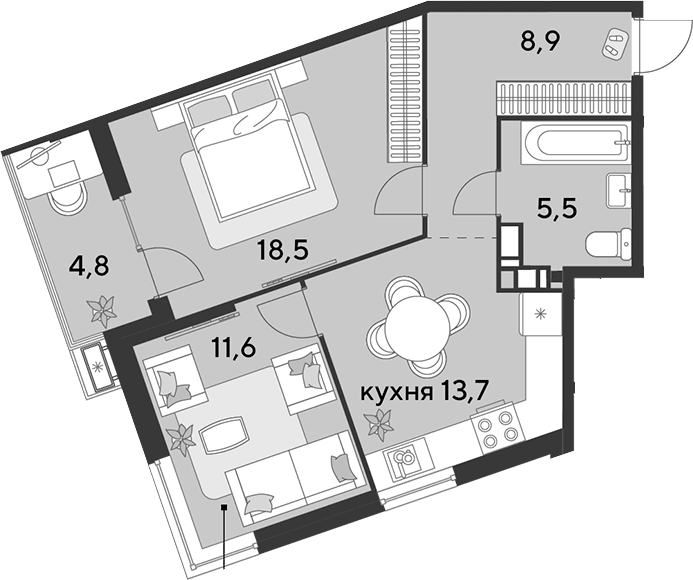 2-комн., 58.2 м², 13/18 этаж, ЖК «Парк Победы»