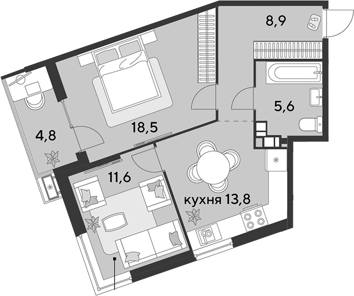2-комн., 58.4 м², 9/18 этаж, ЖК «Парк Победы»