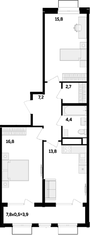 2-комн., 60.7 м², 9/16 этаж, ЖК «МегаСити»