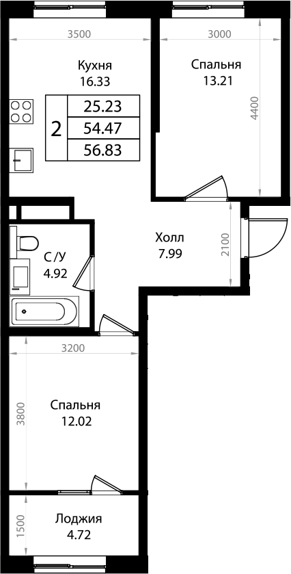 2-комн., 54.71 м², 2/9 этаж, ЖК «Патрики»