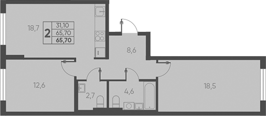 2-комн., 65.7 м², 1/15 этаж, ЖК «Барса»