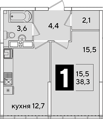 1-комн., 38.3 м², 16/16 этаж, ЖК «Самолет»