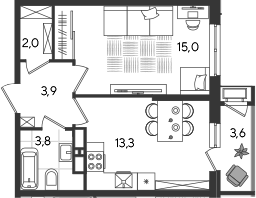 1-комн., 38 м², 17/24 этаж, ЖК «Рекорд»