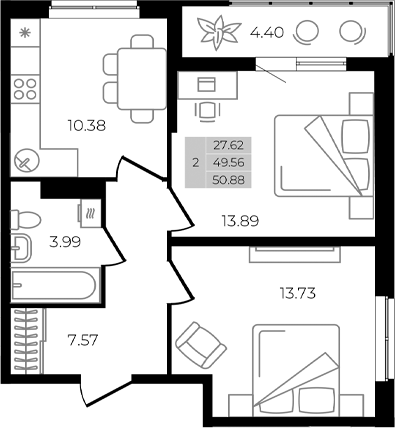 Продается 2-комн. квартира, 49.56 м²