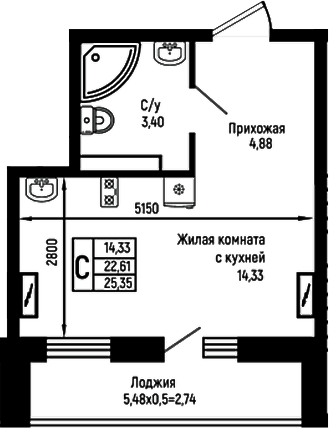 Студия, 22.61 м², 3/9 этаж, ЖК «Ботаника Хиллс»