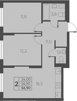 2-комн., 56.9 м², 1/15 этаж, ЖК «Барса»