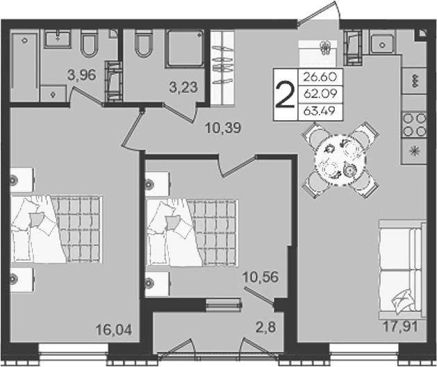 Продается 2-комн. квартира, 62.09 м²