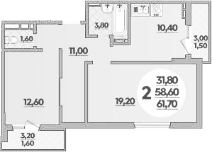 2-комн., 58.9 м², 9/22 этаж, ЖК «Парк у дома»