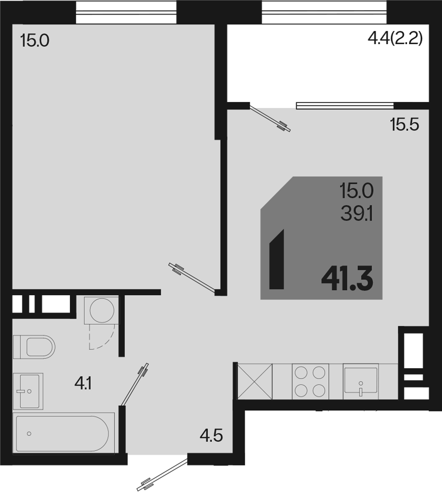 2-комн., 39.1 м², 15/18 этаж, ЖК «Первое место»
