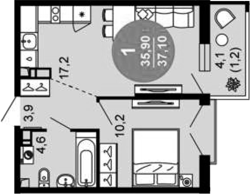 2-комн., 35.9 м², 12/12 этаж, ЖК «Флора»