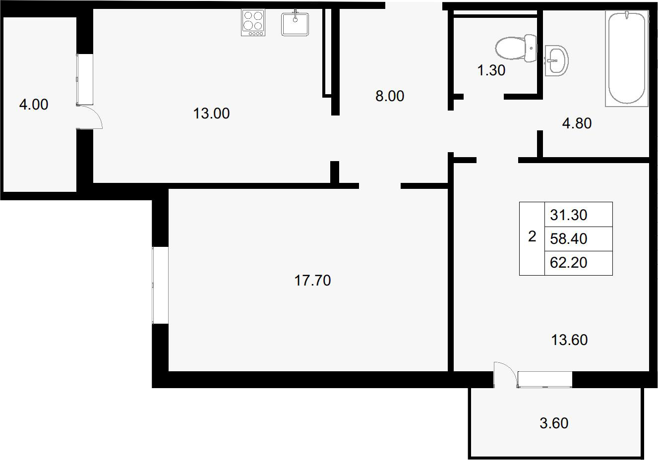 2-комн., 58.4 м², 14/18 этаж, ЖК «Парк у дома»