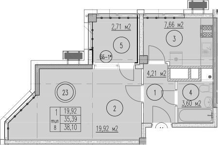 1-комн., 35.39 м², 4/10 этаж, ЖК «Agoy Park Residence by Lavicon»