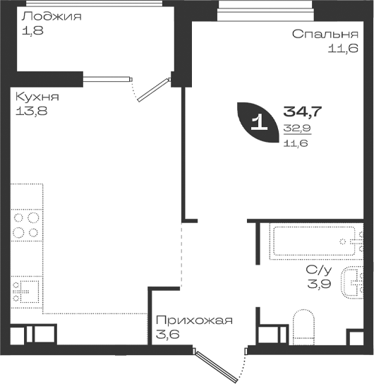 1-комн., 32.9 м², 6/9 этаж, ЖК «Ботаника»