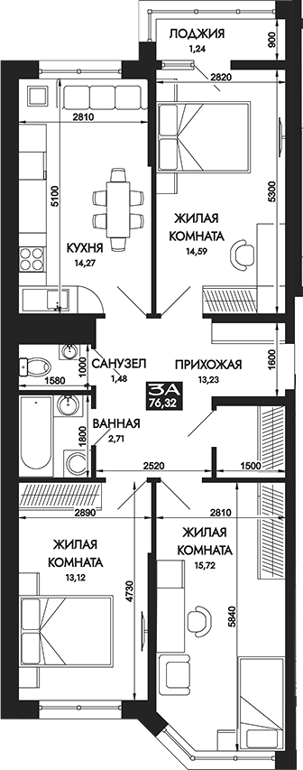3-комн., 75.08 м², 10/12 этаж, ЖК «Вершины. ГК Смена»
