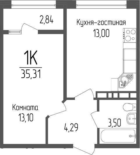 1-комн., 33.89 м², 13/16 этаж, ЖК «Портрет 2»