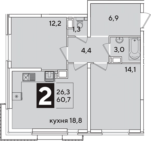 3-комн., 60.7 м², 11/16 этаж, ЖК «Самолет»