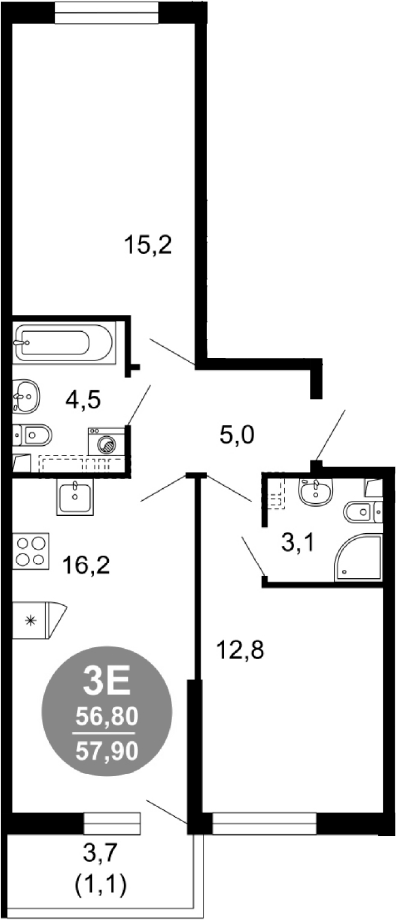 3-комн., 56.8 м², 1/17 этаж, ЖК «Лестория»